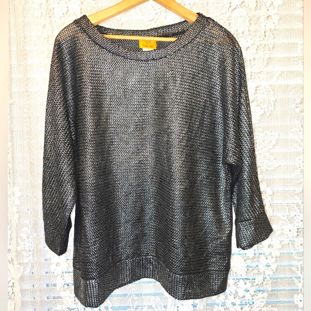 Ruby Rd., Silver And Black Metallic Mesh Knit, 3/4 Sleeve, Womens Blouse Medium